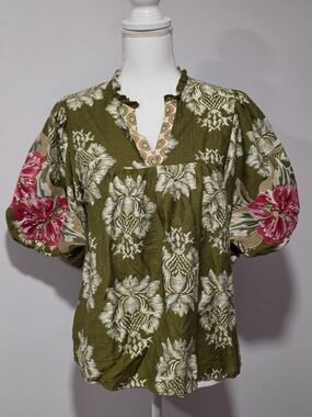 THML Boho Olive Green Floral Puff-Sleeve Embroidered Women's Top Size M